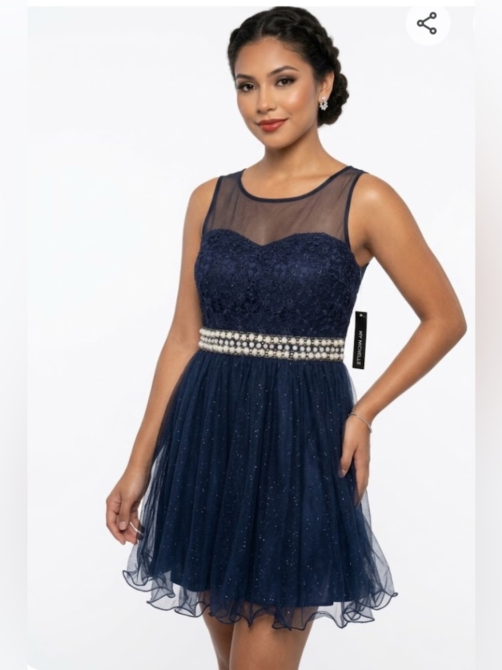 My Michelle Navy Sparkle Tulle Short Party Dress with Beaded Waist